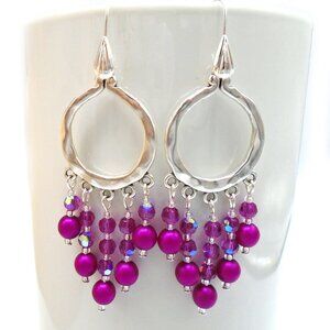 AUSTRIAN CRYSTALS and CRYSTAL PEARLS Chandelier Earrings Fuchsia